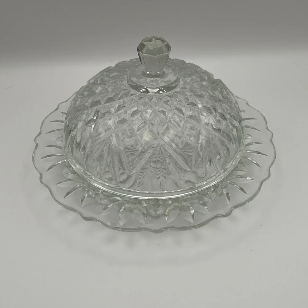 Vintage Anchor Hocking Clear Prescut Glass Butter Dish Dome Cover Plate Embossed
